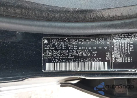 2003 BMW 325Xi from USA, damaged, VIN WBAEU33423PM56083